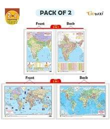 Set of 2 | 2 IN 1 INDIA POLITICAL AND PHYSICAL MAP IN HINDI and 2 IN 1 WORLD POLITICAL AND PHYSICAL MAP IN ENGLISH Educational Charts