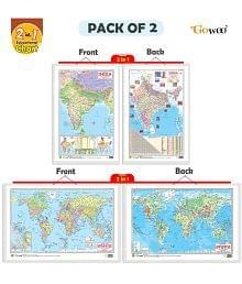 Set of 2 | 2 IN 1 INDIA POLITICAL AND PHYSICAL MAP IN ENGLISH and 2 IN 1 WORLD POLITICAL AND PHYSICAL MAP IN HINDI Educational Charts