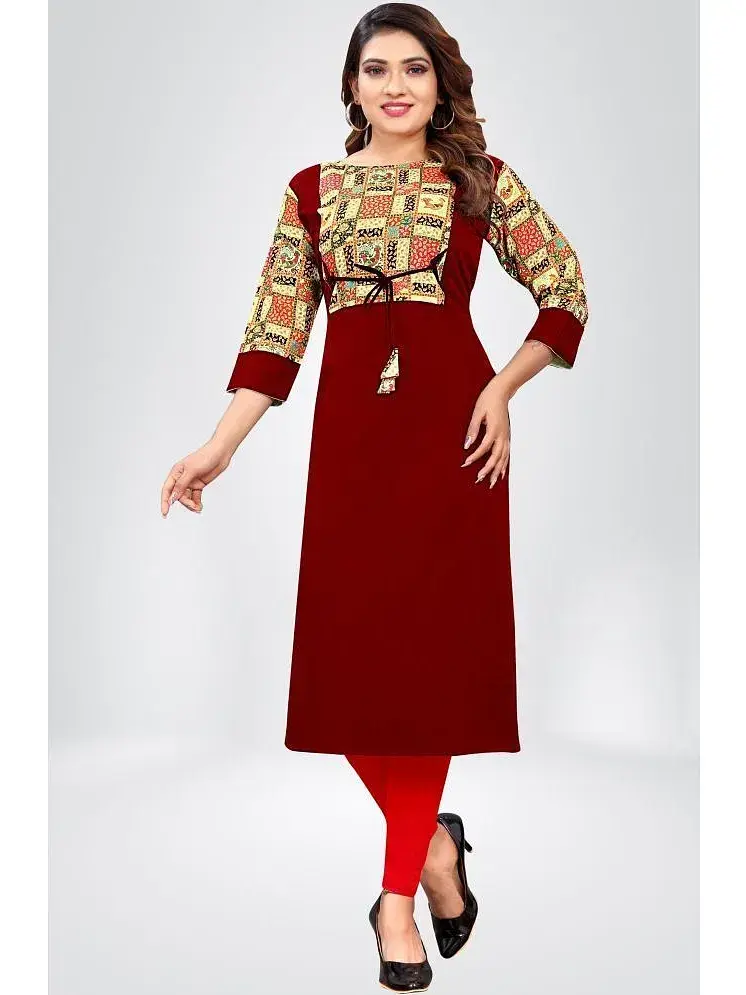 KHANJAN FASHION Crepe Printed Straight Women s Kurti Maroon Pack of 1 Price in India Buy KHANJAN FASHION Crepe Printed Straight Women s Kurti Maroon Pack of 1 Online at Snapdeal